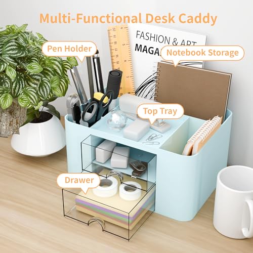 Blue Plastic Desk Organizer with 2 Drawer and 5 Compartments A607591