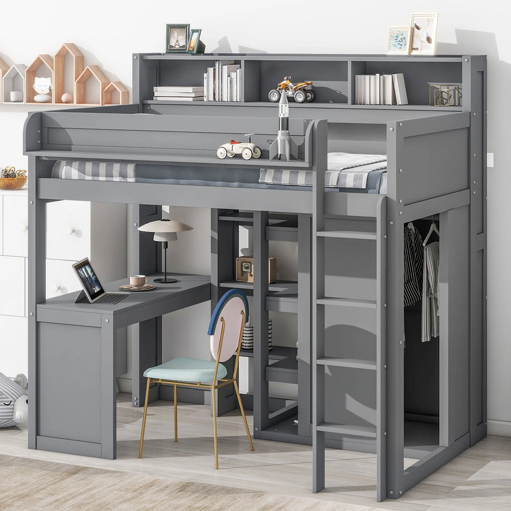 Gray Pine Wood Twin Size Loft Bed with Desk and Wardrobe Q291833