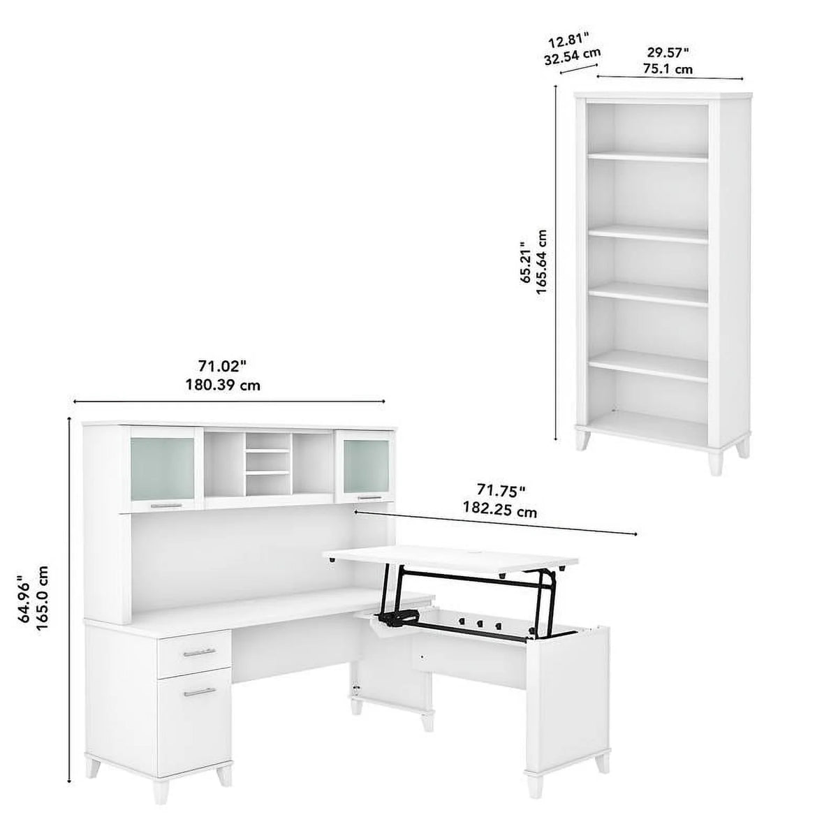White Engineered Wood Sit to Stand Desk with Hutch and Bookcase D276