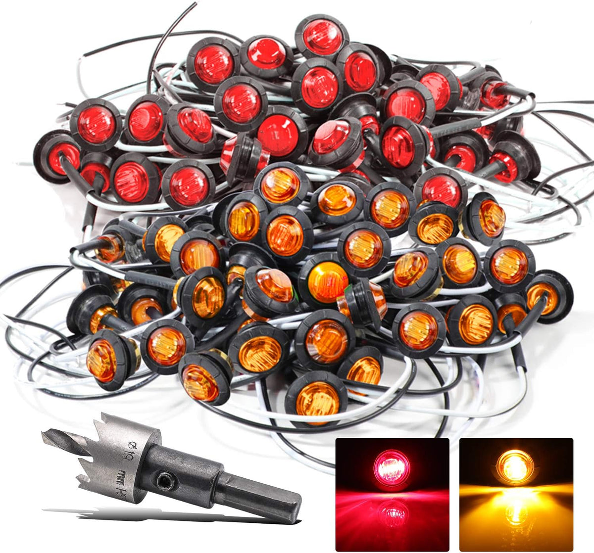 200 Pack 3/4 Inch Mini Round Amber Red LED Side Marker Indicator Lights 12V DC I567708