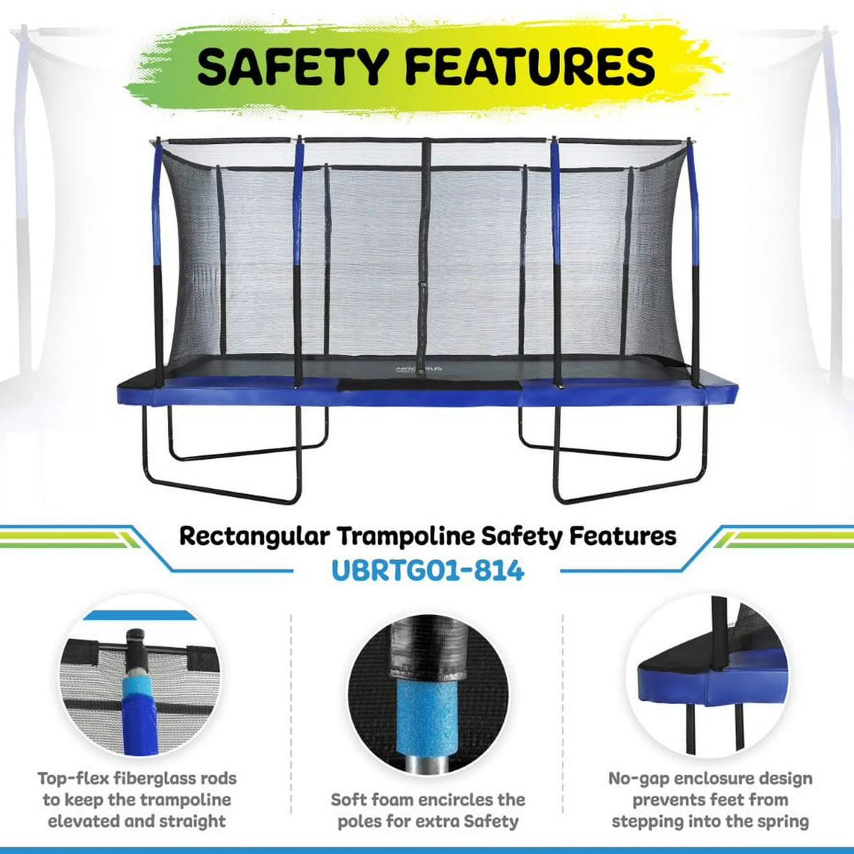 Blue/Black Rectangular Trampoline Set with Enclosure System F828