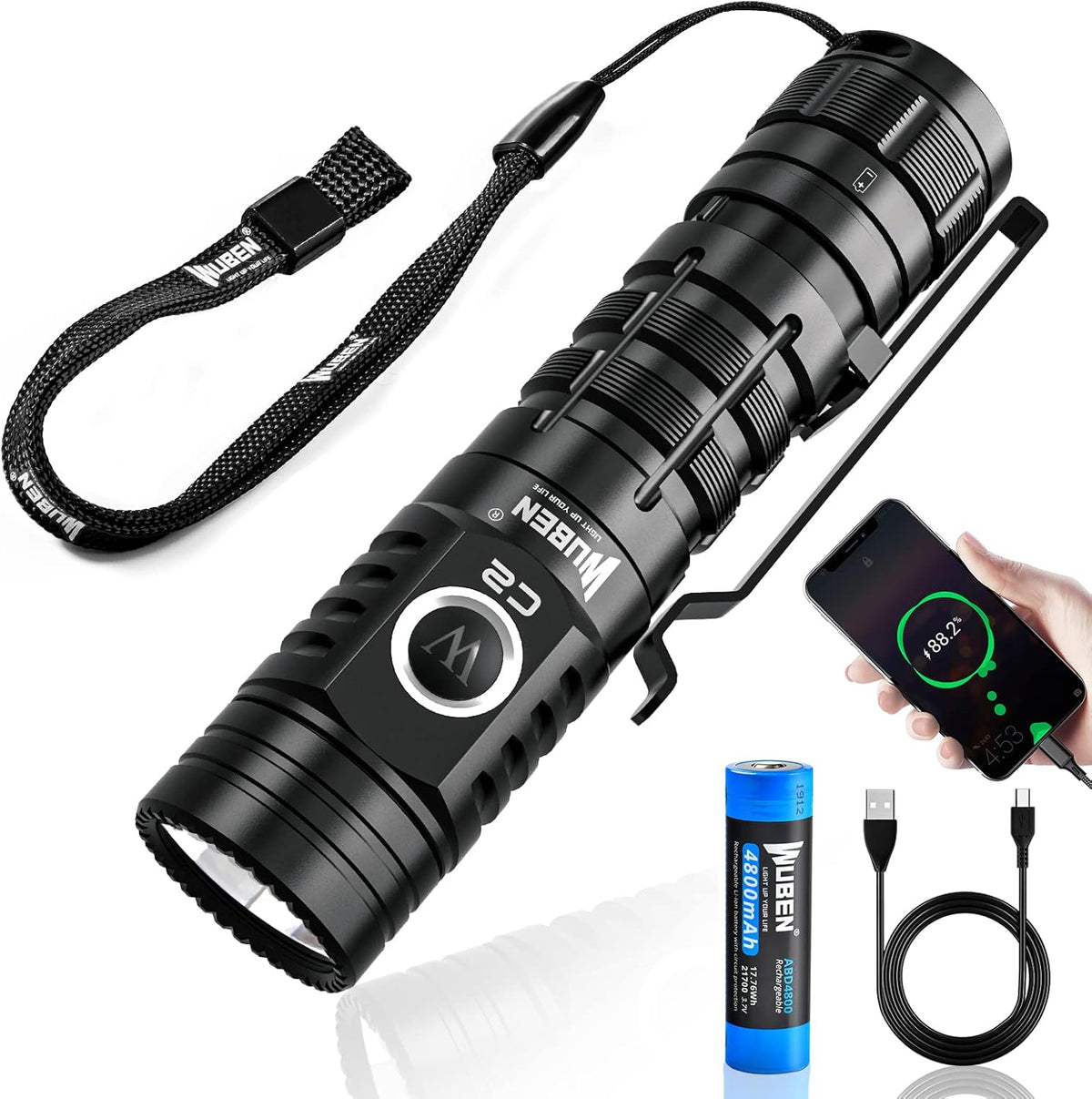 Rechargeable Flashlight 2000 Lumen, Pocket Flashlight with Lanyard, IP68 Waterproof Tactical Flashlight F4140