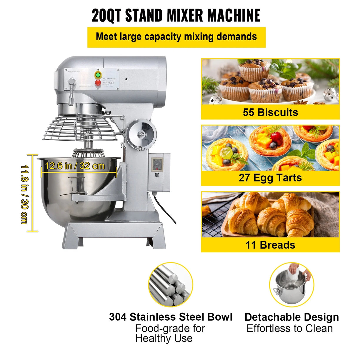 Commercial Food Mixer 20Qt 750W 3 Speeds Stainless Steel Bowl S55415