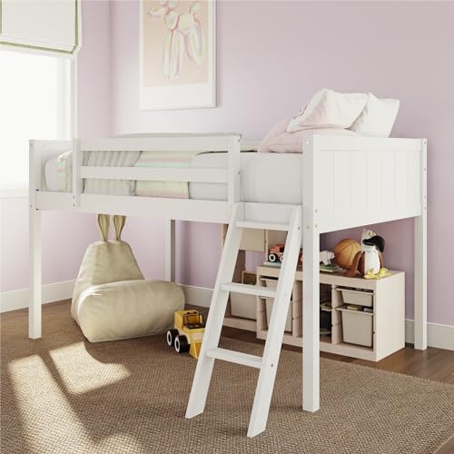 Wood Low Loft Bed with Ladder and Guardrail, Twin Size, Grey G785