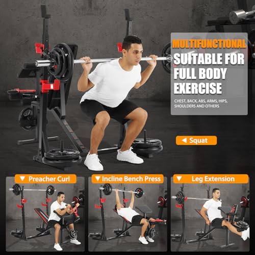 Heavy Duty Adjustable Weight Bench Set with Barbell and Squat Rack U57747