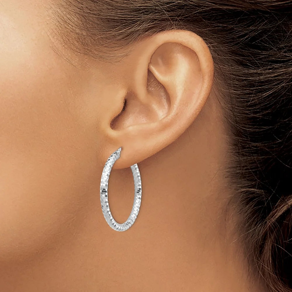 14 Karat White Gold Diamond-cut Hoop Earrings G432