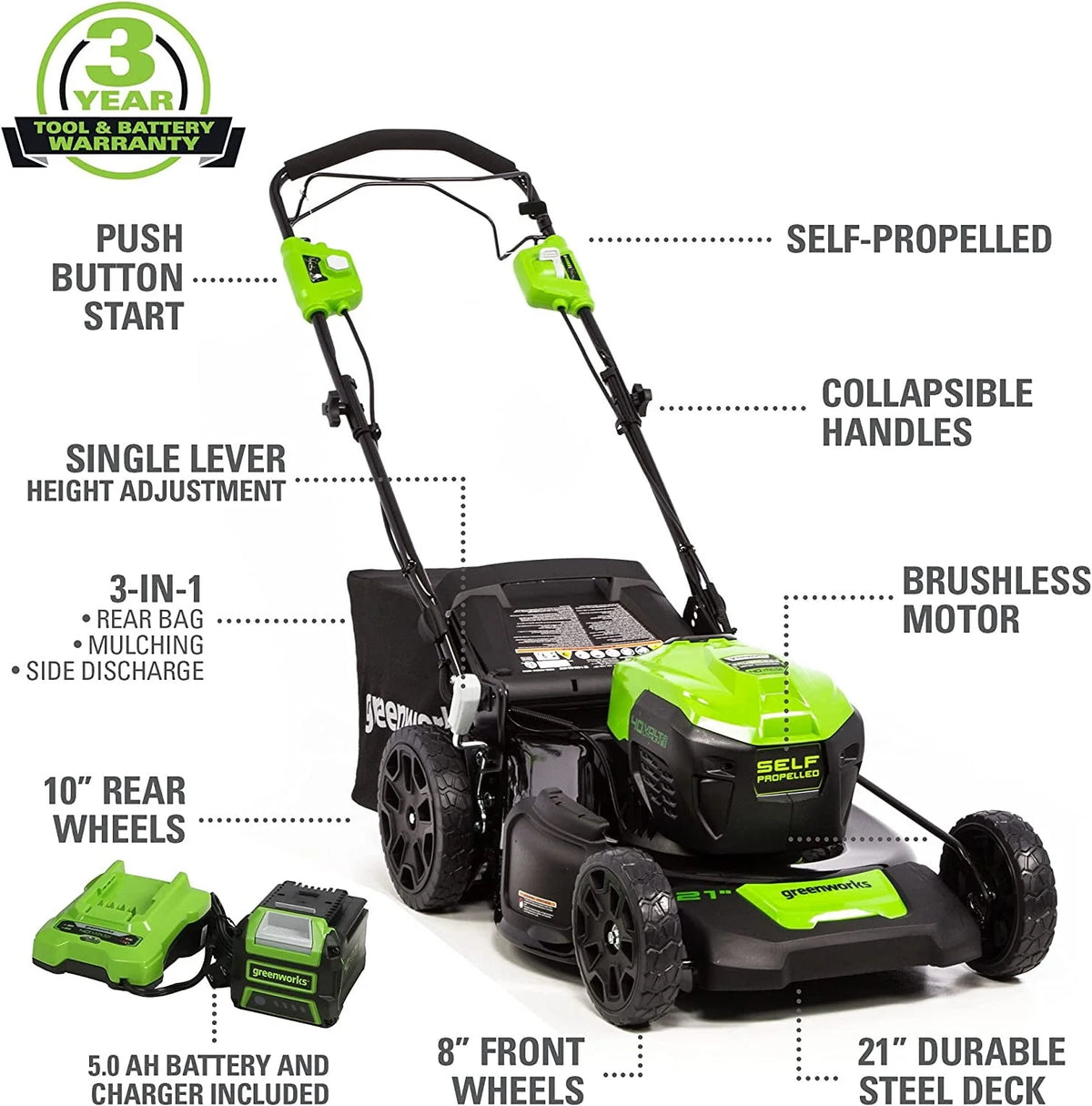 40V Self-Propelled Lawn Mower with 5.0 Ah Battery & Charger A938026
