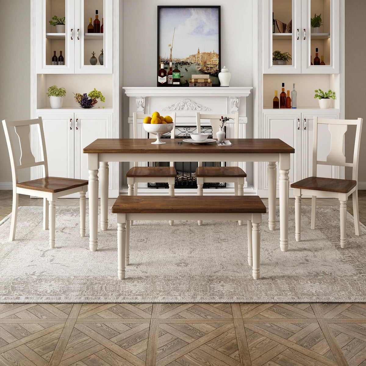 6-Piece Wooden Dining Set with 4 Upholstered Chairs & Bench Y411307