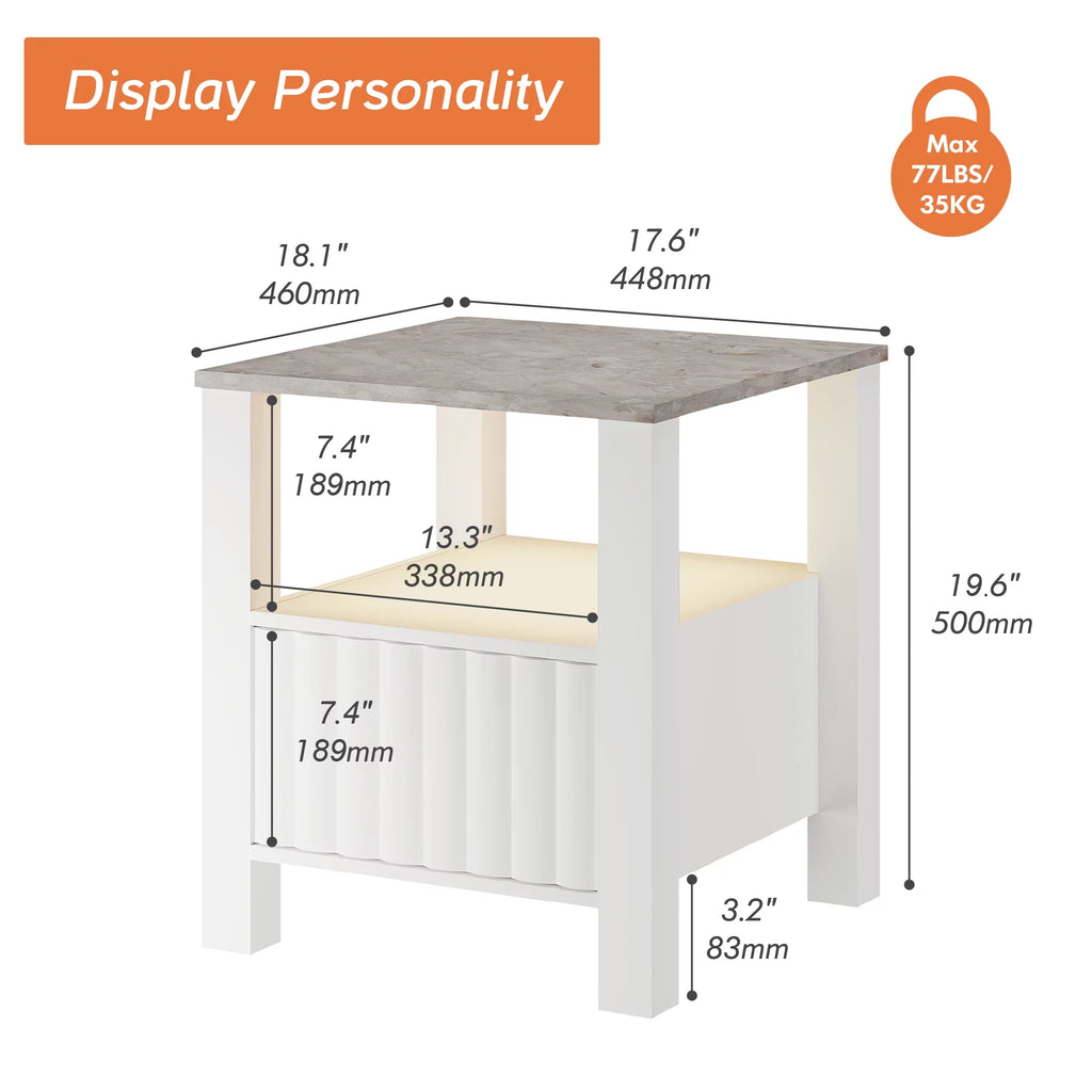 White LED End Table with Door and Open Storage P52236