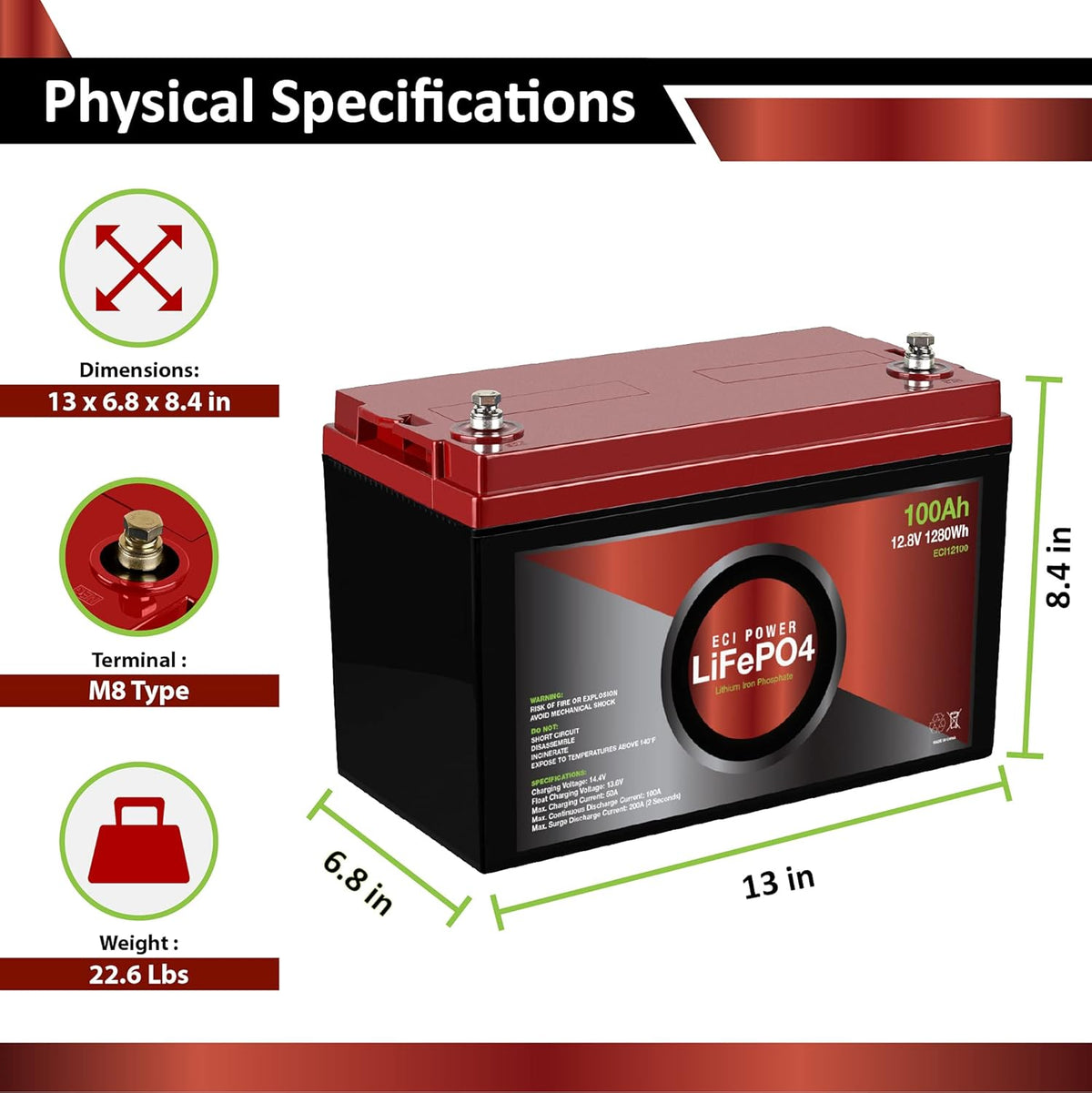 12V 100Ah Lithium LiFePO4 Deep Cycle Rechargeable Battery X743778