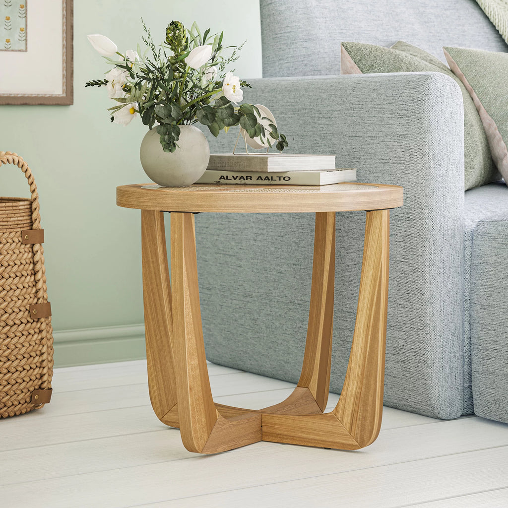 Rattan & Glass Side Table with Solid Wood Frame J5522