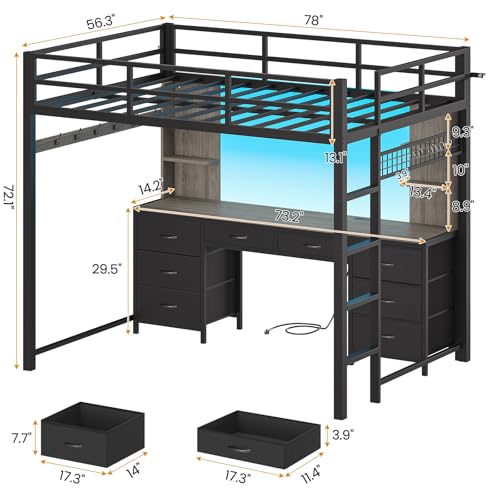 Full Size Metal Loft Bed with Desk and 8 Drawers L77307