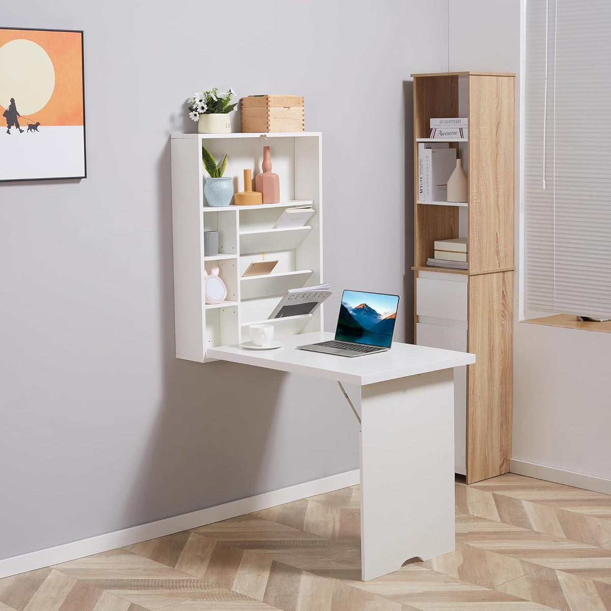 White Wall Mounted Fold Out Desk with Storage Shelf V2470