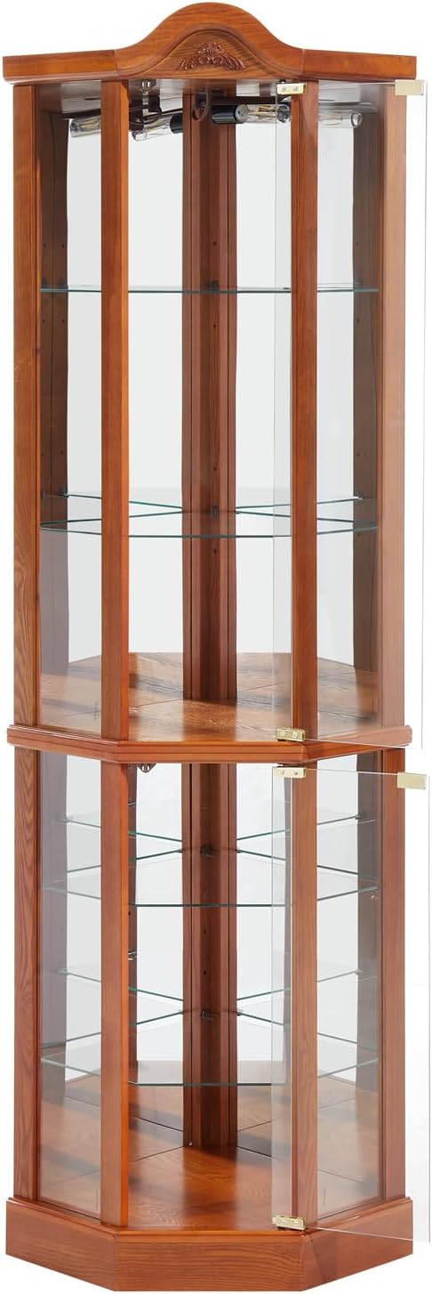 Brown Corner Curio Cabinet with Tempered Glass Doors and Adjustable Shelves M814