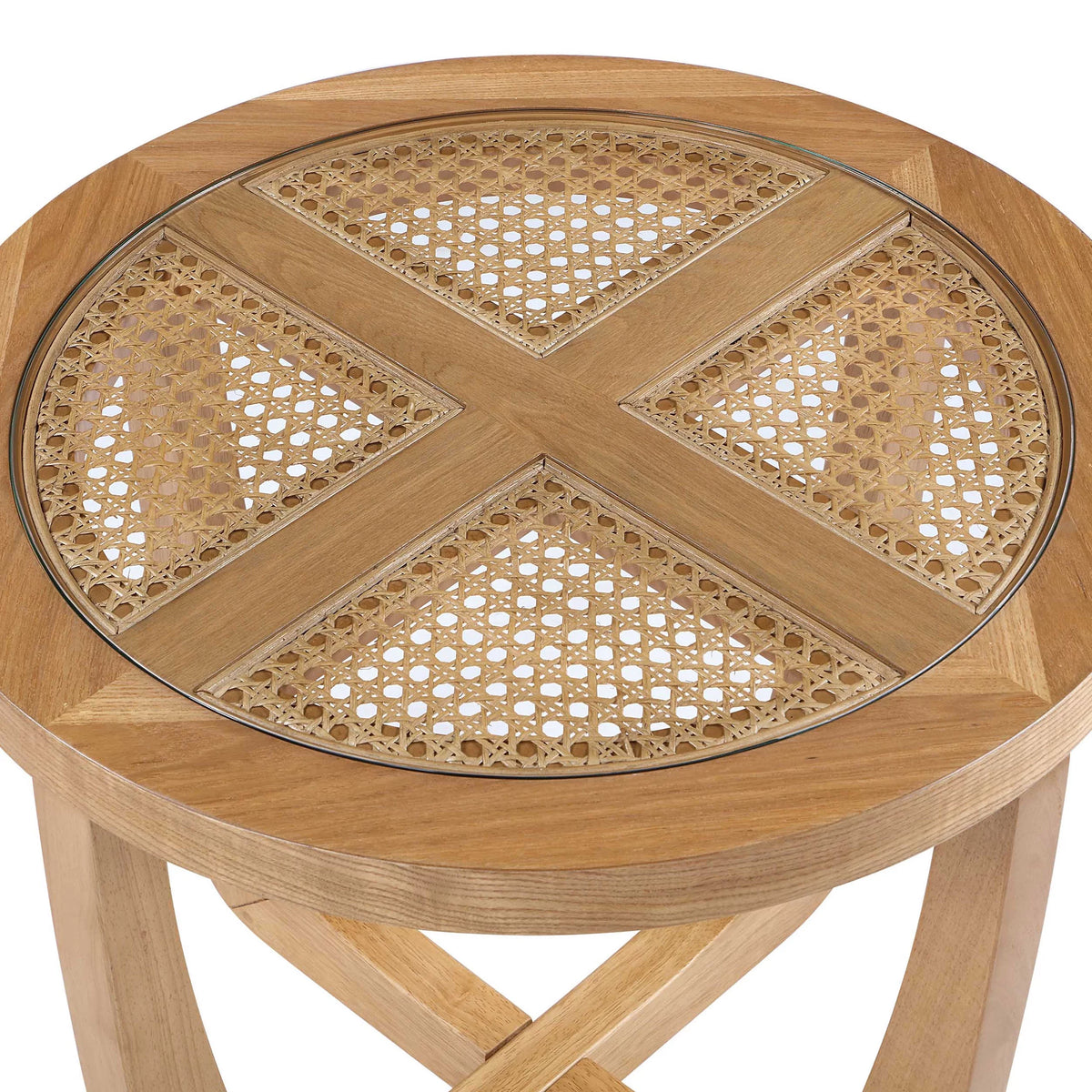 Rattan & Glass Side Table with Solid Wood Frame J5522