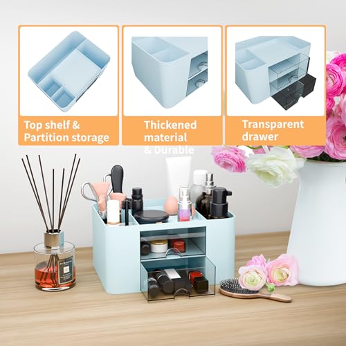 Blue Plastic Desk Organizer with 2 Drawer and 5 Compartments A607591