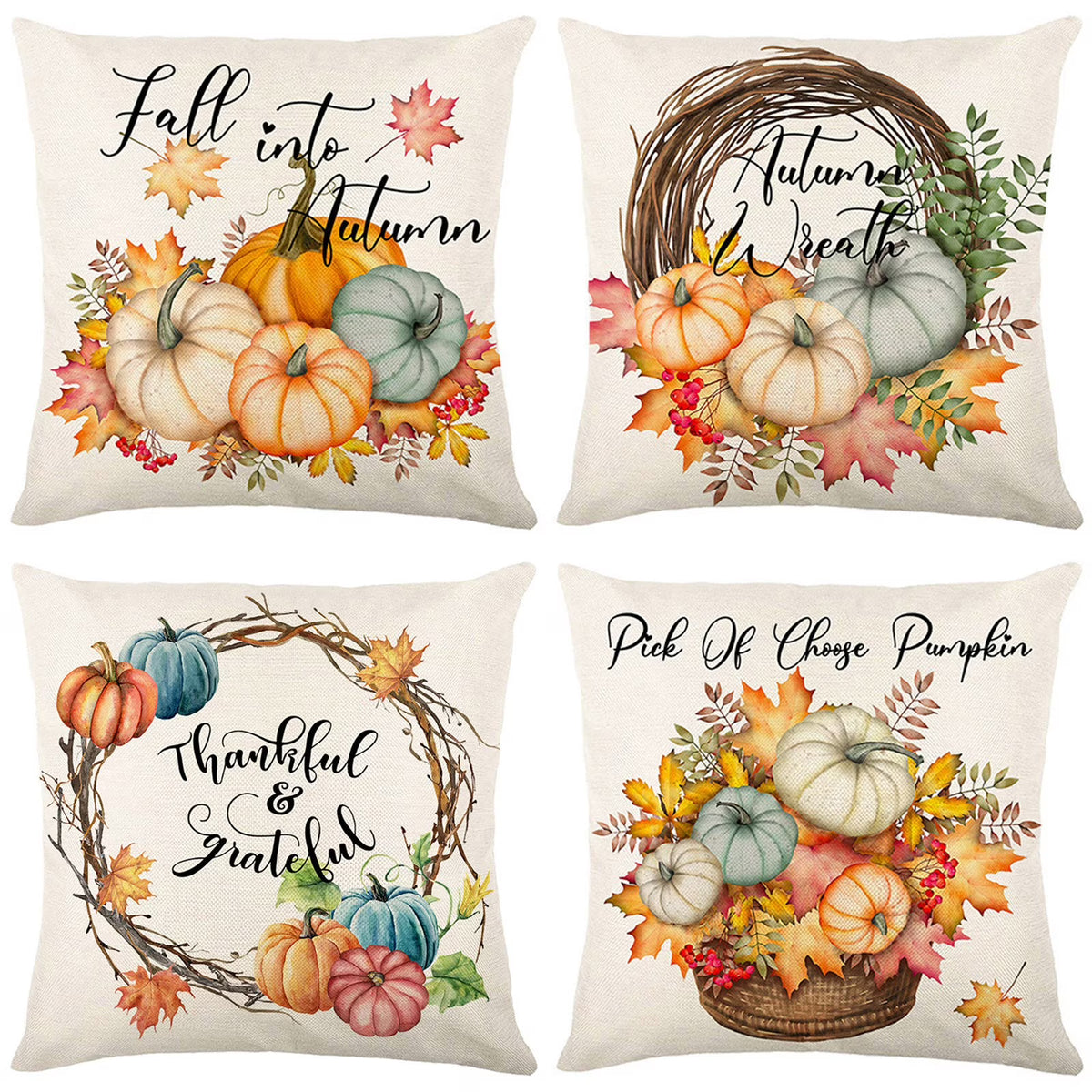 Pumpkin Maple Leaves Fall Pillow Covers 18x18 Set of 4 T66998