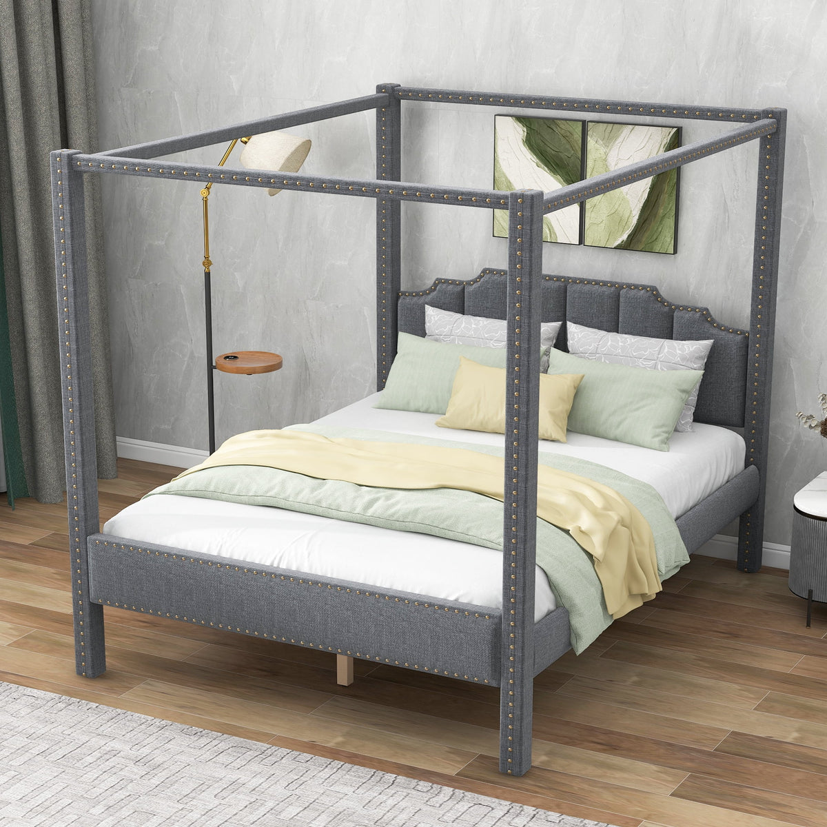 Queen Size Gray Upholstery Canopy Platform Bed with Headboard V512