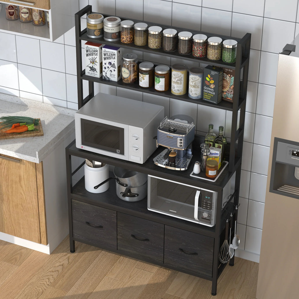 5-Tier Black Wood Kitchen Storage Shelf with Baskets and Hooks F8168