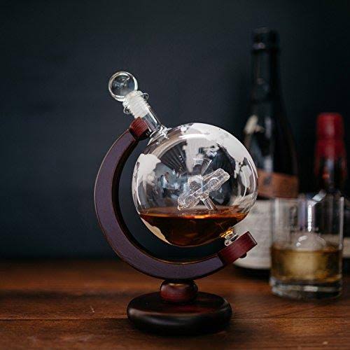 50 oz Handmade Etched Globe Decanter Set with Wooden Stand and 2 Shot Glasses P940