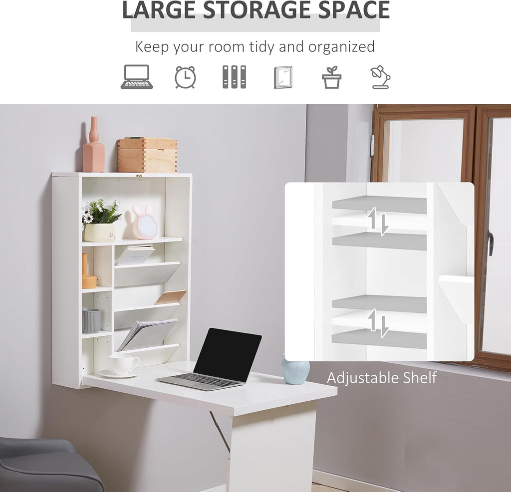 White Wall Mounted Fold Out Desk with Storage Shelf V2470