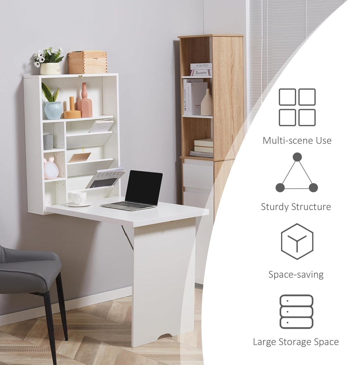 White Wall Mounted Fold Out Desk with Storage Shelf V2470