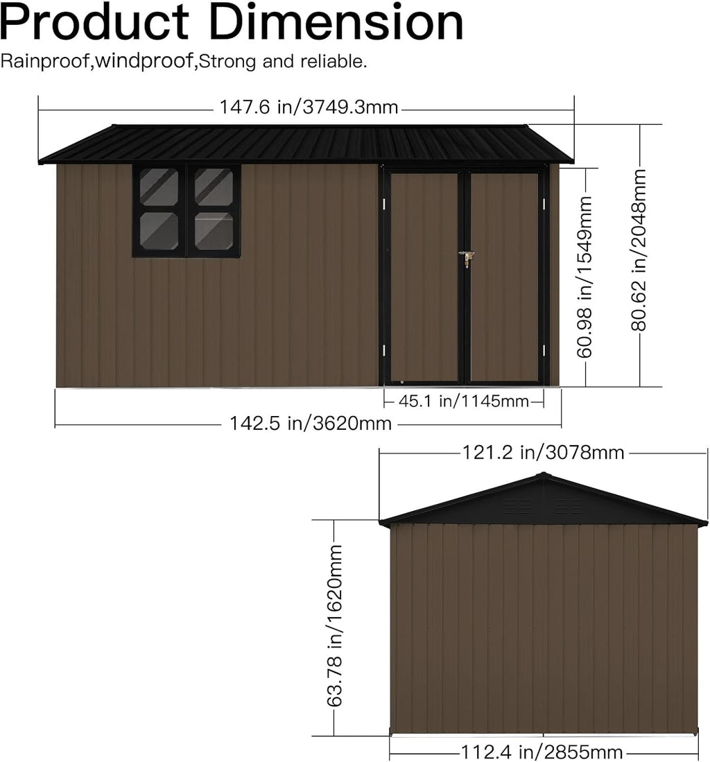 12x10 FT Metal Garden Shed Brown Z173