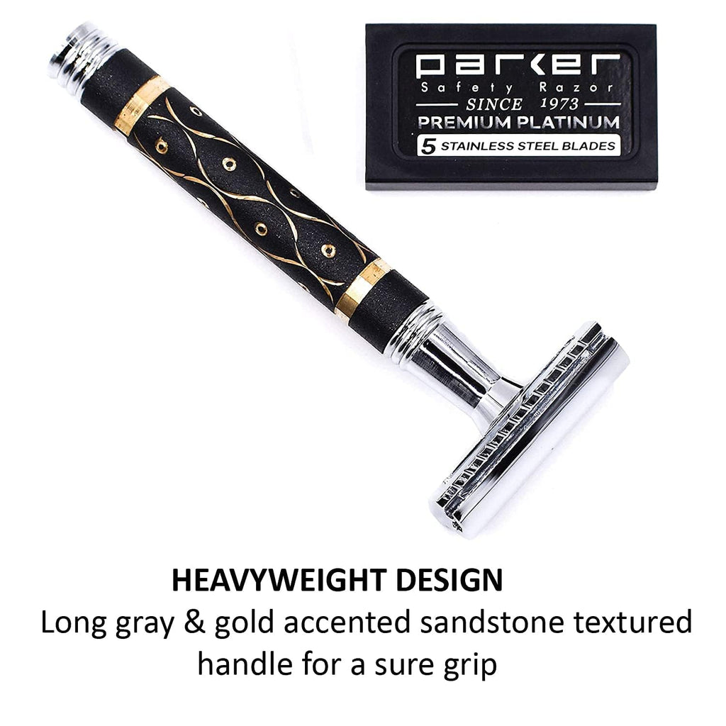 65R Super Heavyweight Gray and Gold Double Edge Safety Razor & 5 Blade Refills F444