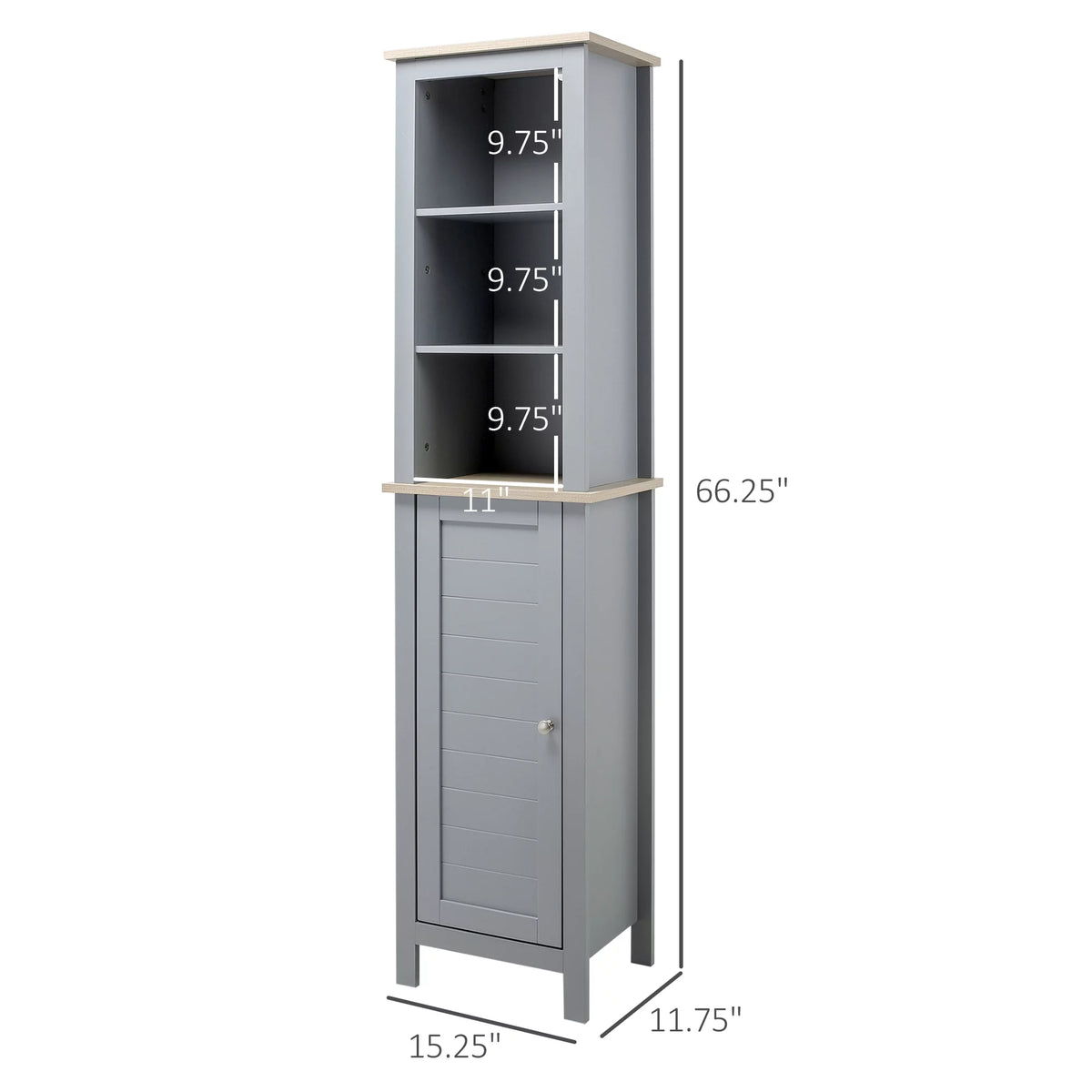 Grey Tall Bathroom Storage Cabinet with 3 Tier Shelf and Door E819538