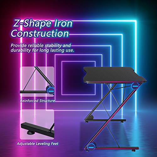 Gaming Computer Desk with LED Lights & Carbon Fiber Surface M22106
