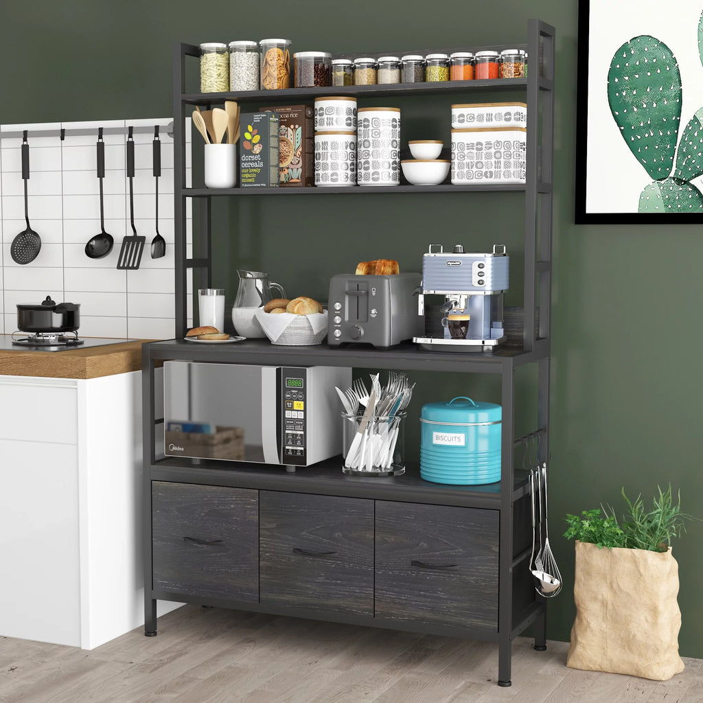 5-Tier Black Wood Kitchen Storage Shelf with Baskets and Hooks F8168