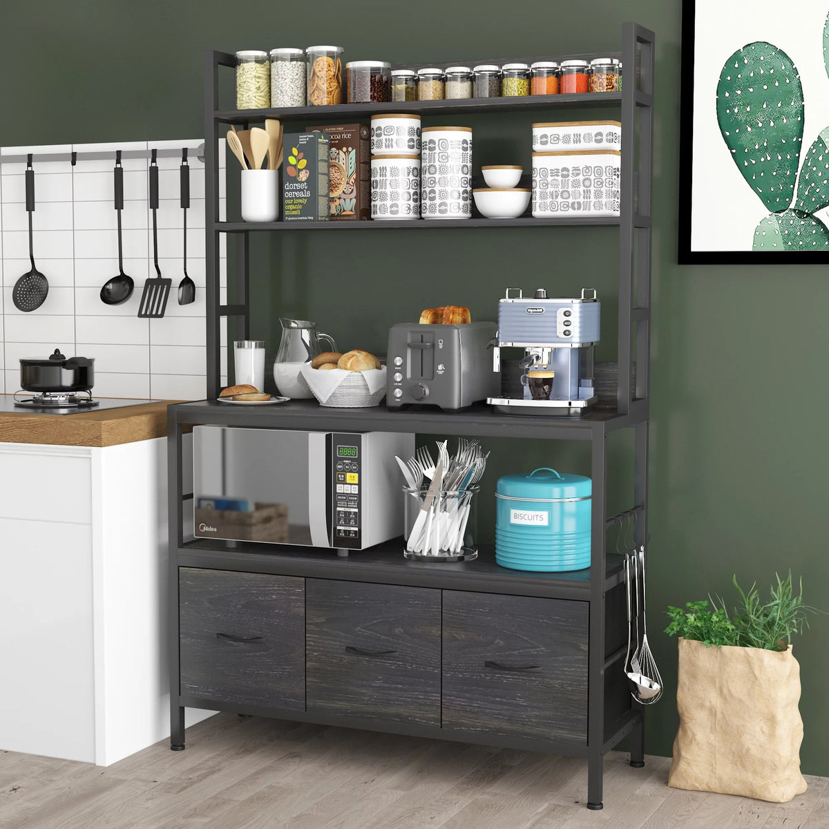 5-Tier Black Wood Kitchen Storage Shelf with Baskets and Hooks F8168