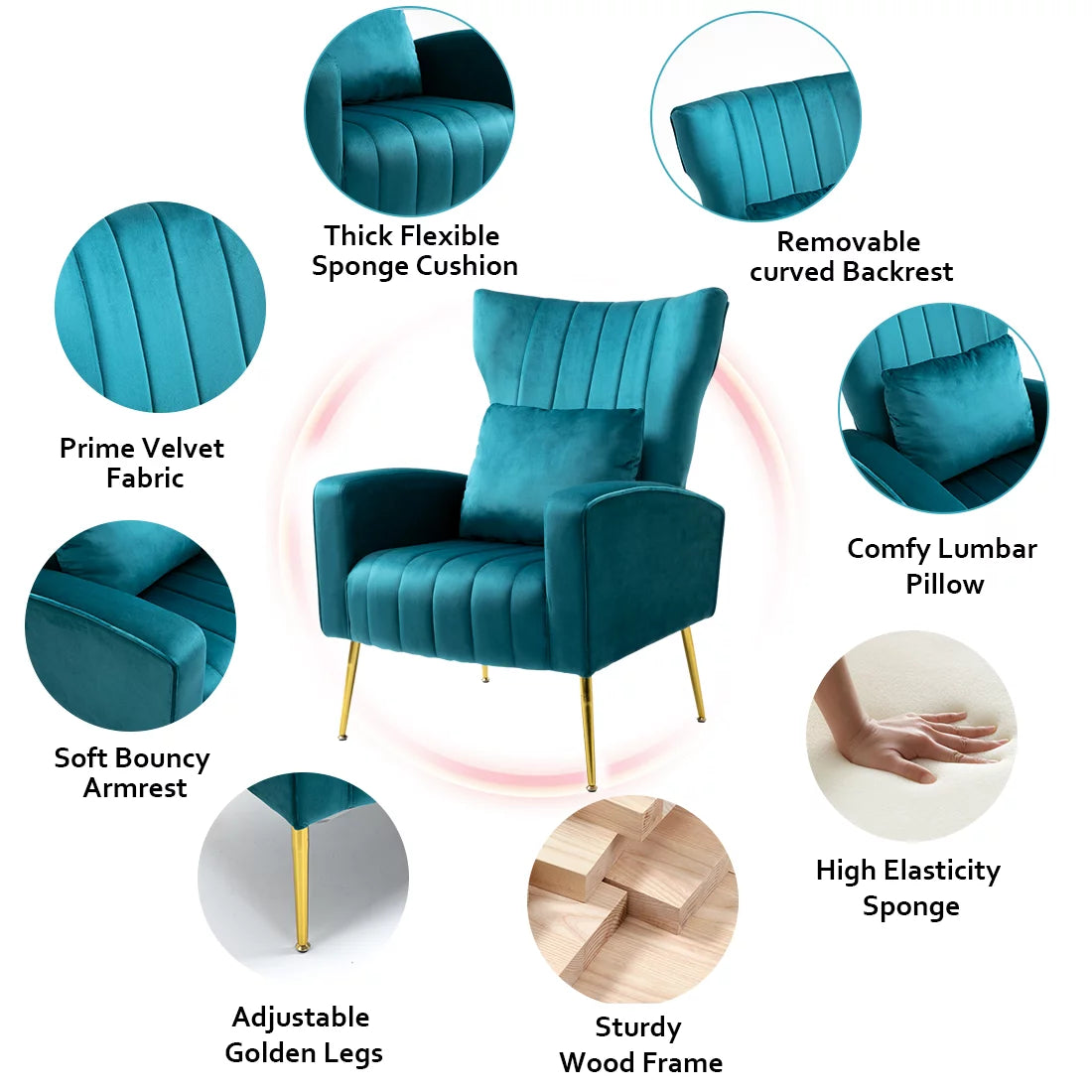 Blue Teal Velvet Accent Chair Set of 2 with Lumbar Pillow Z7608