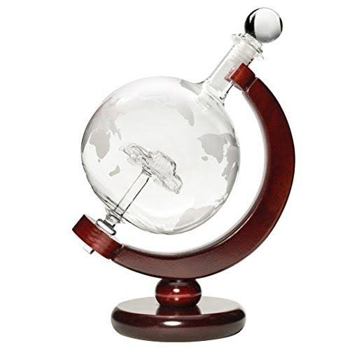 50 oz Handmade Etched Globe Decanter Set with Wooden Stand and 2 Shot Glasses P940