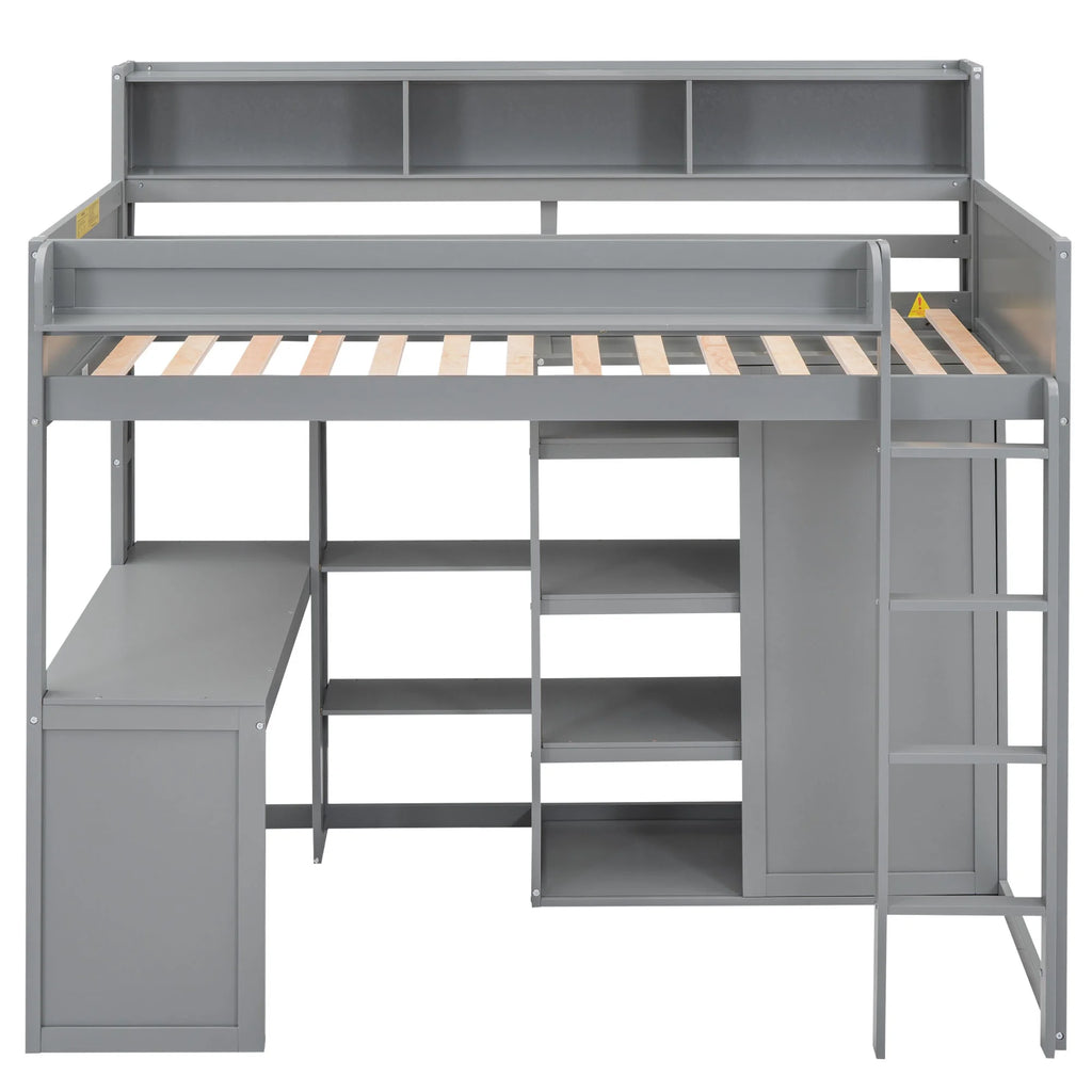 Gray Pine Wood Twin Size Loft Bed with Desk and Wardrobe Q291833