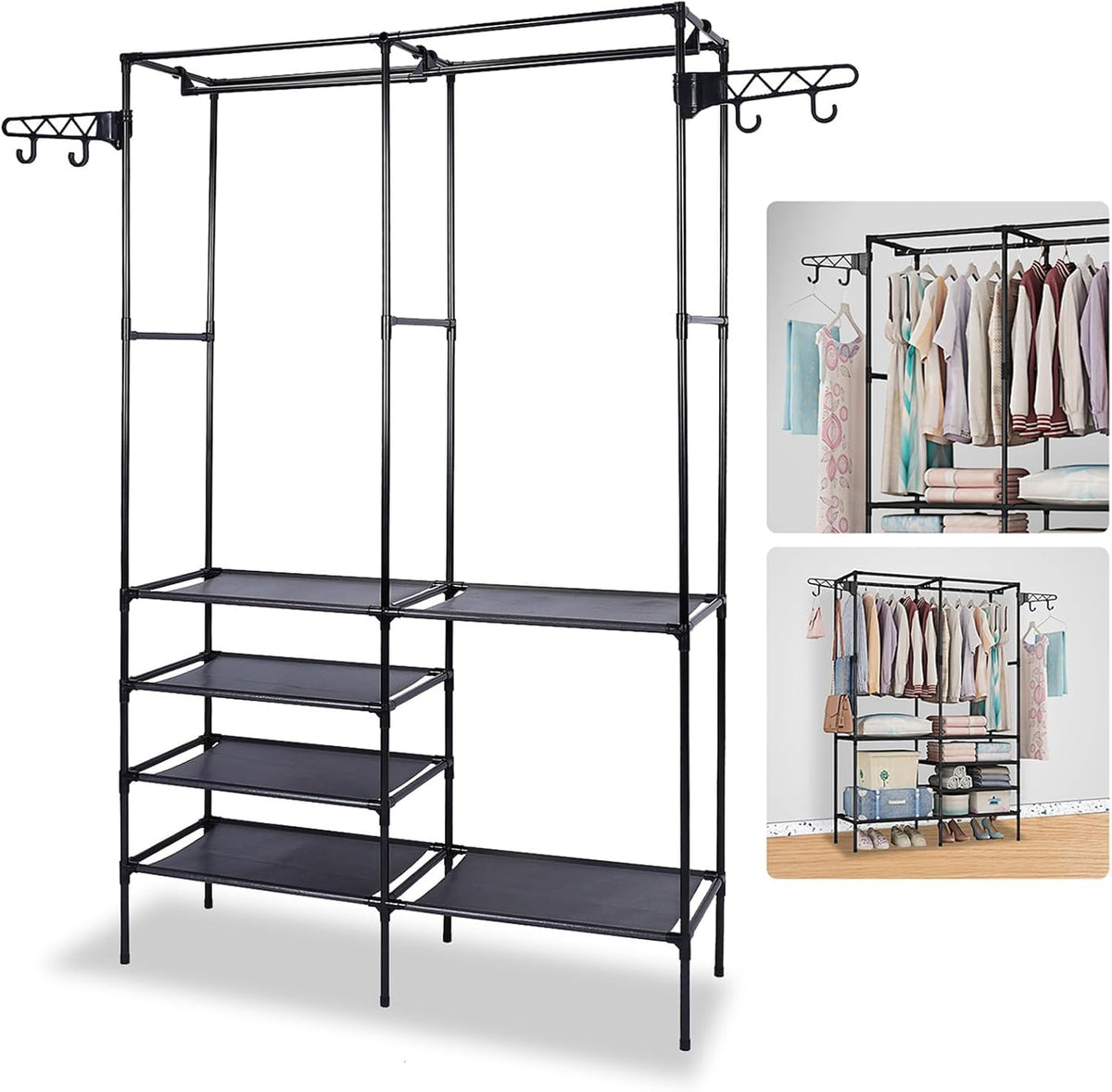66'' Coated Metal 4 Tiers Garment Rack with 4 Hooks & 2 Hanging Rods M777