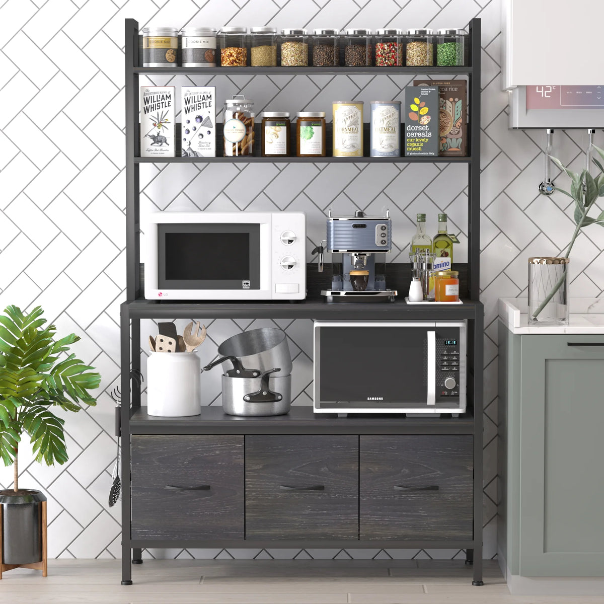 5-Tier Black Wood Kitchen Storage Shelf with Baskets and Hooks F8168