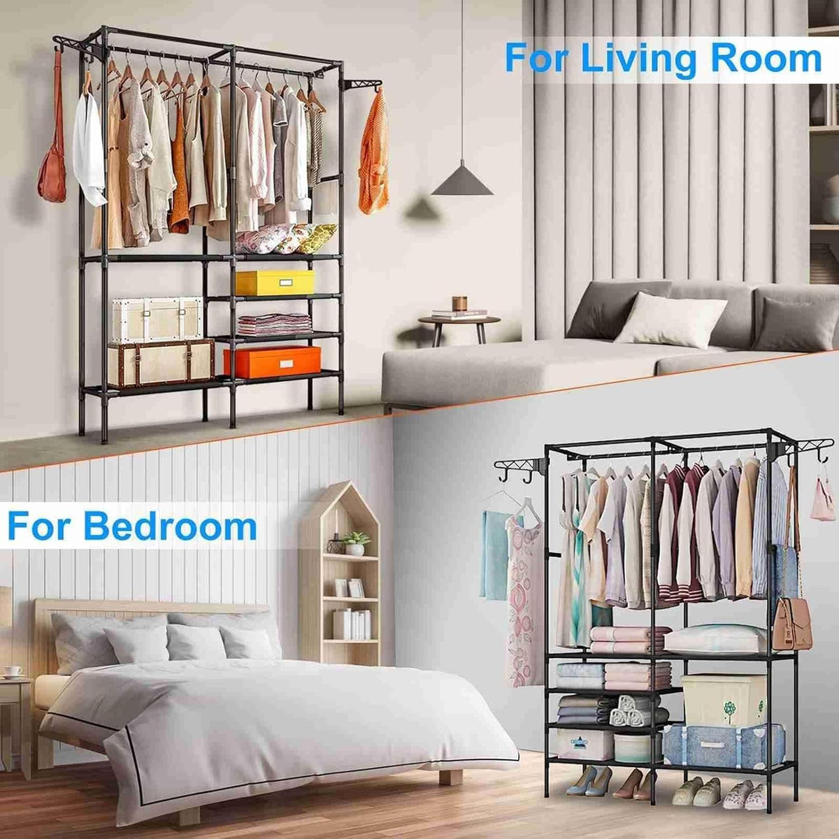 66'' Coated Metal 4 Tiers Garment Rack with 4 Hooks & 2 Hanging Rods M777
