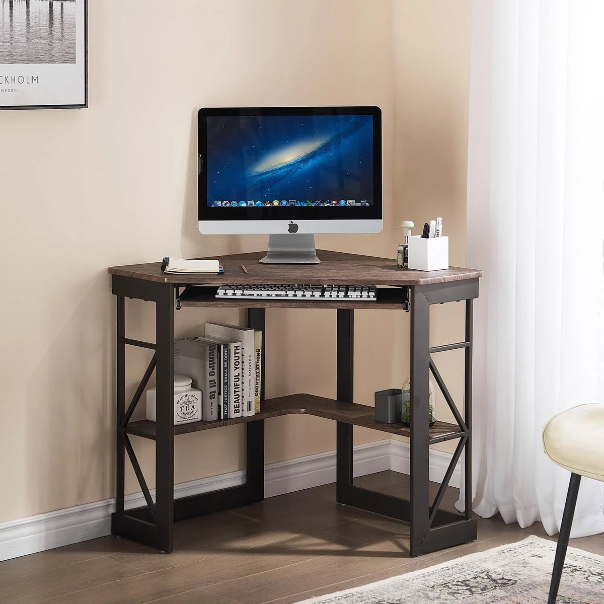 Black Corner Computer Desk with Keyboard Tray D362