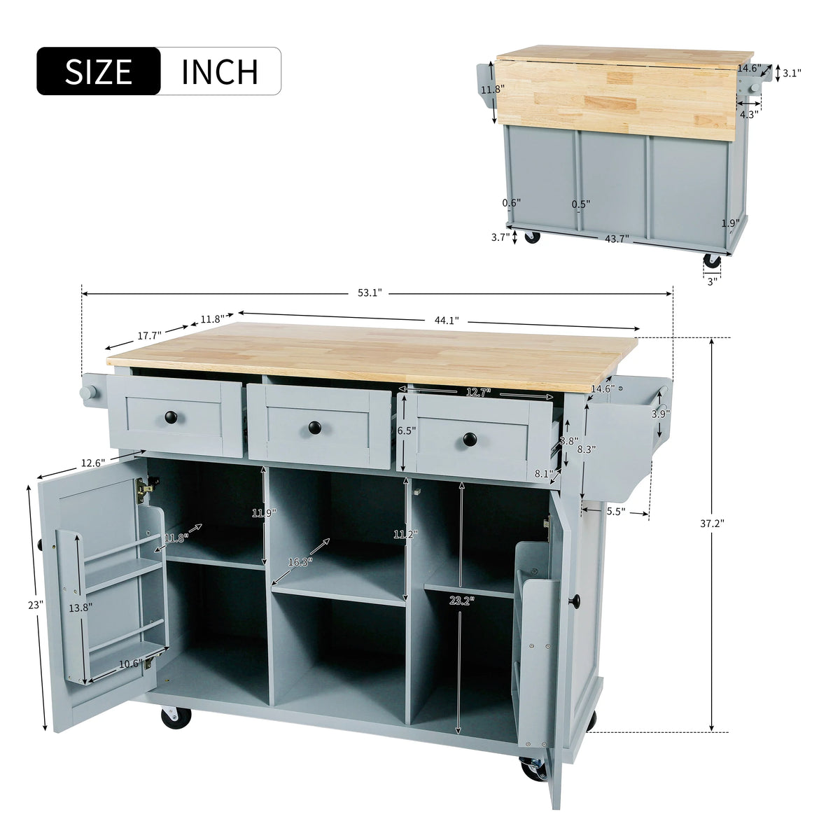 Blue Kitchen Island Cart with Drop-Leaf Countertop and 3 Drawers B267