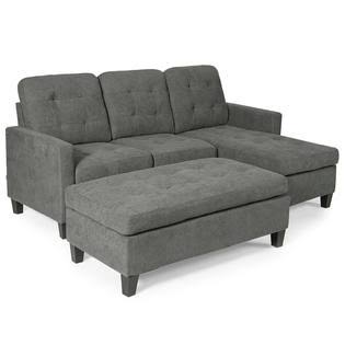 Grey Linen Reversible Sectional Sofa Couch with Ottoman U472104