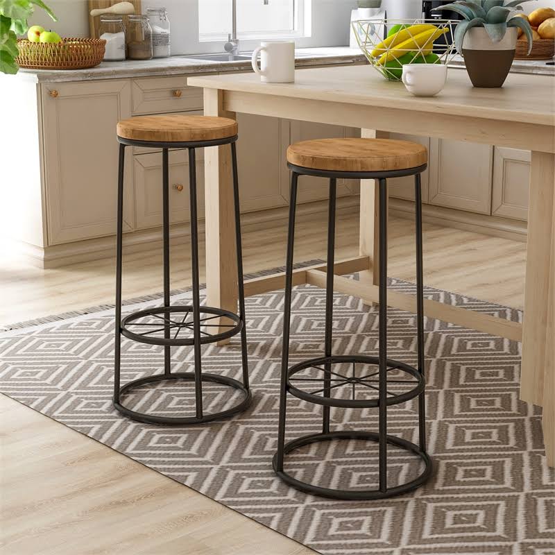Metal Frame Bar Stool in Warm Oak (Set of 2) S65838