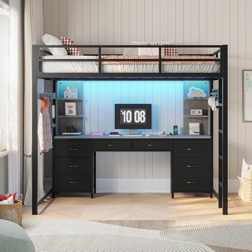 Full Size Metal Loft Bed with Desk and 8 Drawers L77307