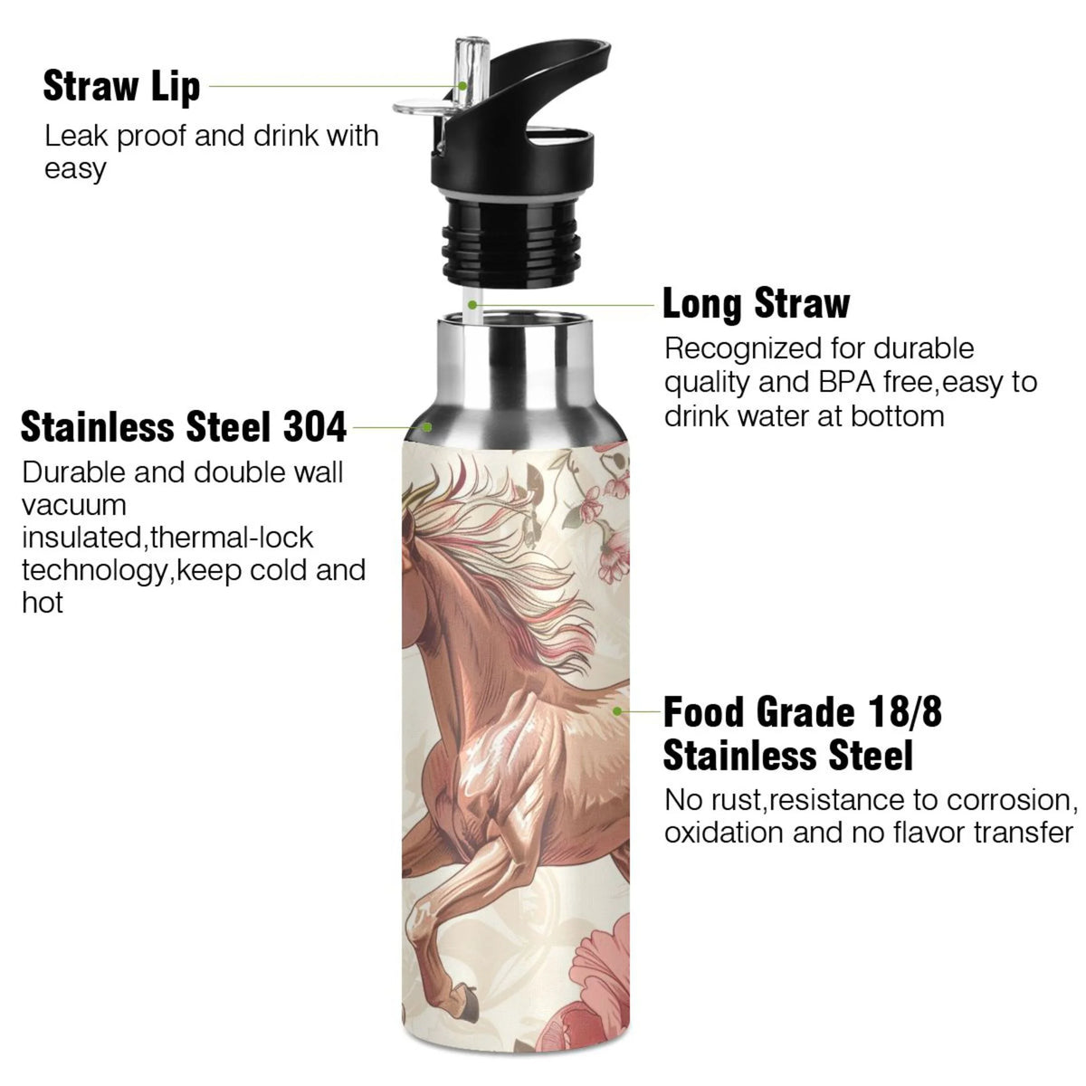 Insulated Thermos Stainless Steel Water Bottle with Straw Lid Flask, 20 oz I215