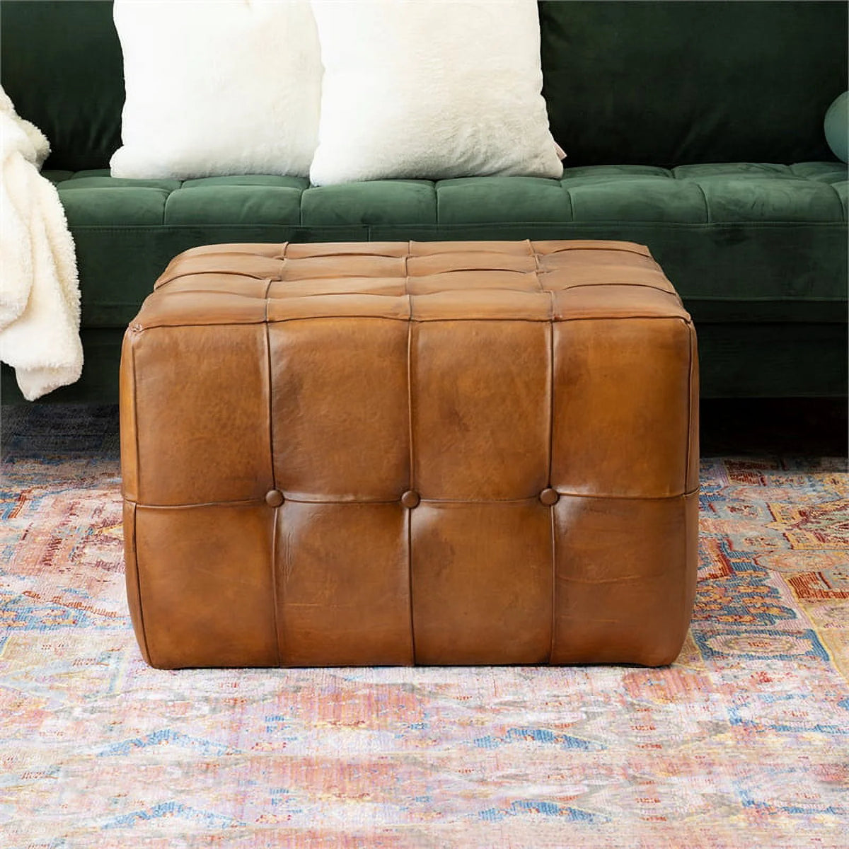 Tan Brown Leather Ottoman M908
