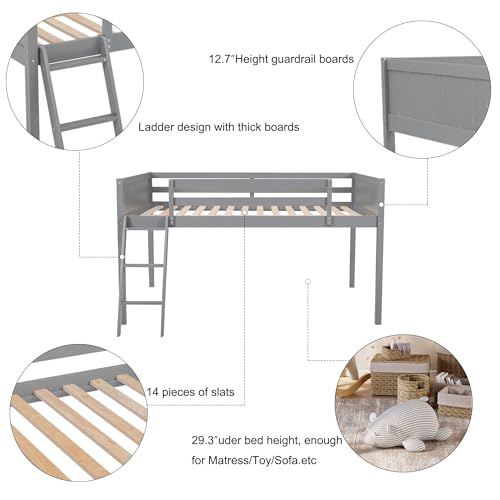 Wood Low Loft Bed with Ladder and Guardrail, Twin Size, Grey G785