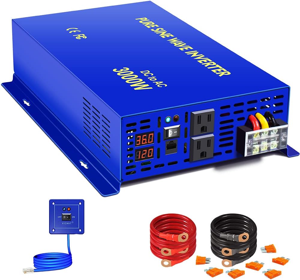 3000W Pure Sine Wave Power Inverter 36V DC to AC 120V 110V with 15ft Cable Remote Switch Controller W876885