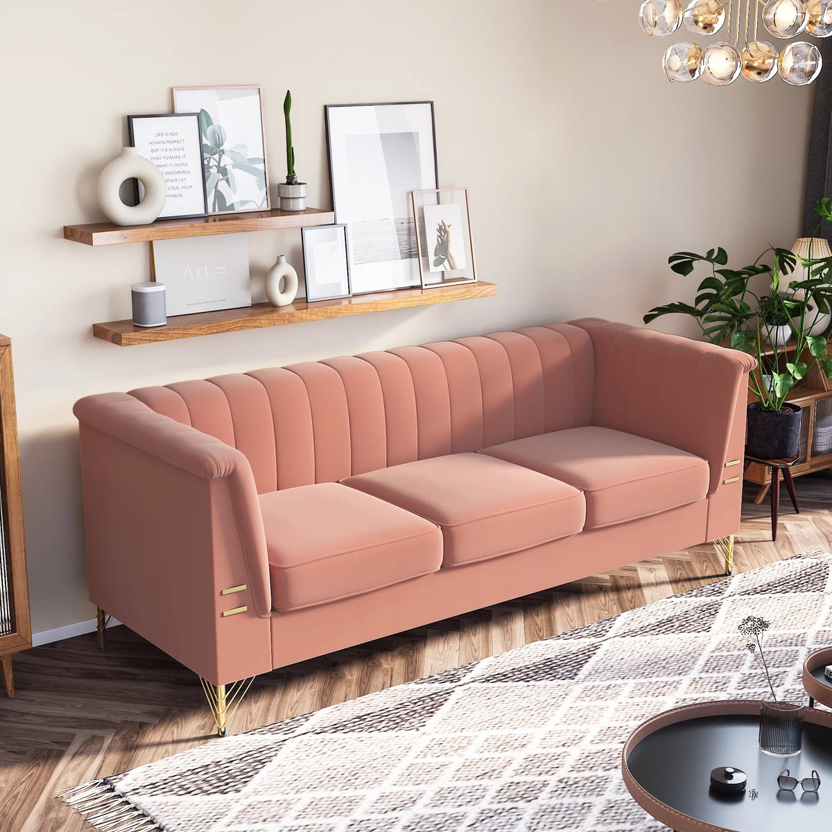 Velvet 3-Seater Sofa with Gold Metal Legs F846920