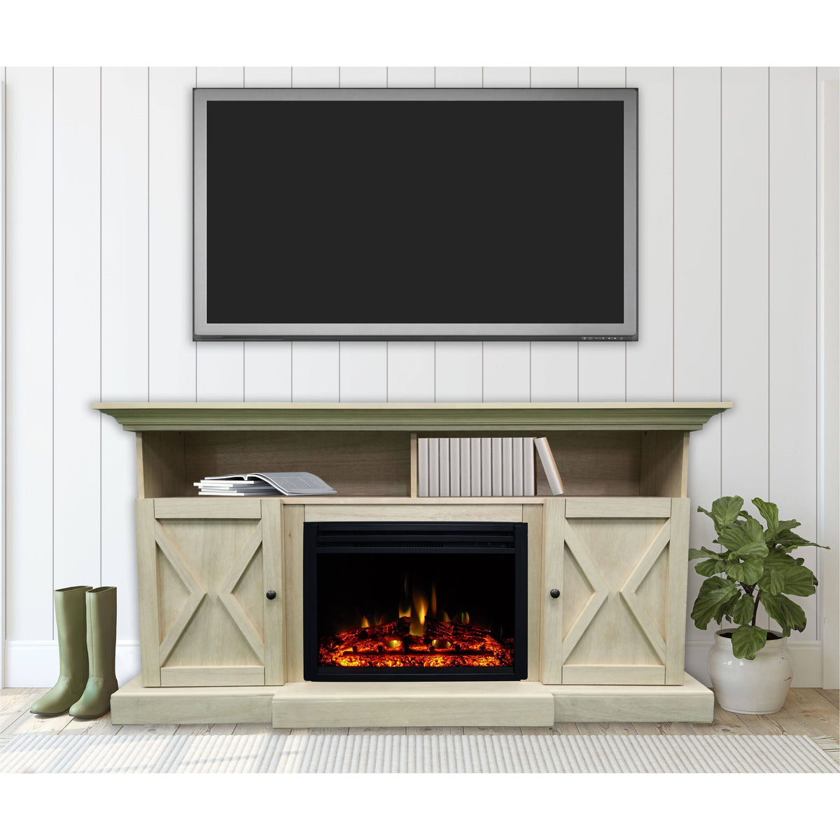 62-in. Electric Fireplace Mantel with Deep Log Insert, Sandstone C71394