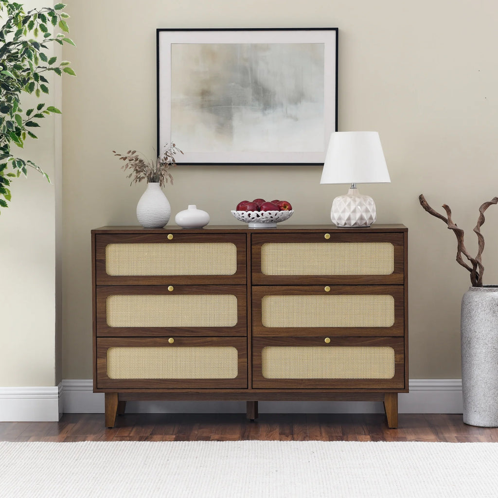 6 Drawer Wooden Dresser with Rattan Drawers L3229
